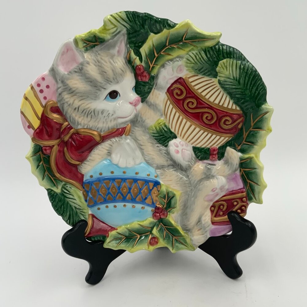 Fitz and Floyd Essentials Christmas Kitty Cat Plate Wall Hanging 9" - Picture 9 of 10